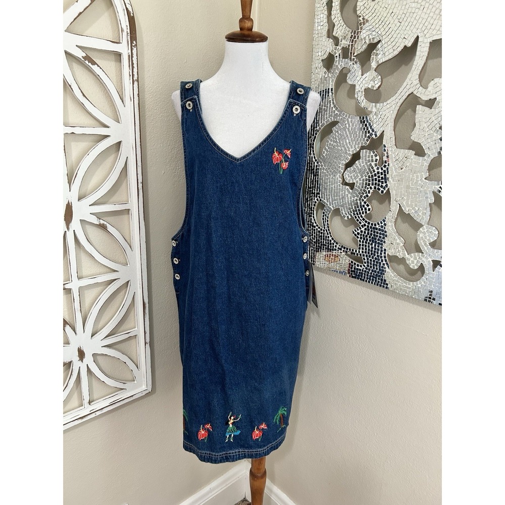 Route 66 Pinafore Skirtall Jumper Dress LARGE Denim Hawaiian Embroidered 90s